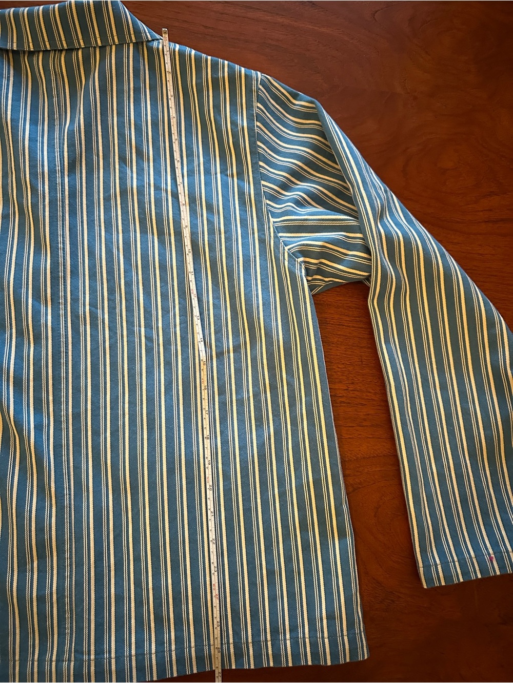 Big Bud Stripe Button-Up Chore Jacket in Blue and White with Orange Buttons - Picture 8 of 9